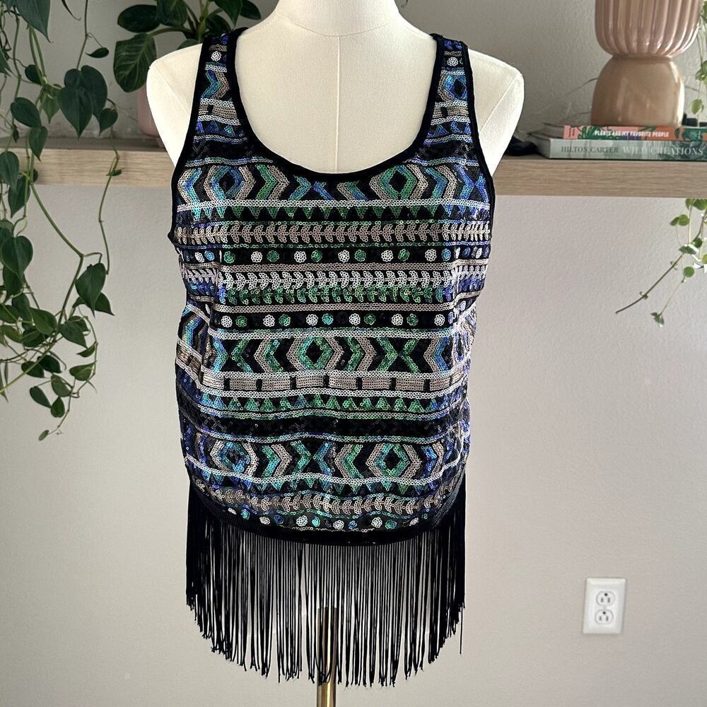 Charlotte Russe Blue Green Black Sequin Fringe Tank Top M Festival Boho Rave